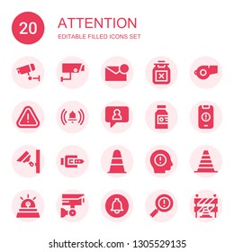 attention icon set. Collection of 20 filled attention icons included Cctv, Security camera, Notification, Poison, Whistle, Alert, Warning, Belt, Cone, Siren, Traffic barriers