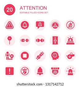 attention icon set. Collection of 20 filled attention icons included Alert, Notification, Paramount, No sweets, Stop, Seat belt, Safety belt, Siren, Restriction, Warning, Whistle