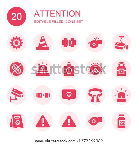 attention icon set. Collection of 20 filled attention icons included Explosion, Cone, Seatbelt, Whistle, Cctv, No weapons, Siren, Poison, Paramount, Seat belt, Notification, Belt