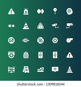 attention icon set. Collection of 25 filled attention icons included Cone, Notification, Ambulance lights, No parking, Traffic barriers, Warning, Poison, Cctv, Whistle, Explosion
