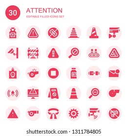 attention icon set. Collection of 30 filled attention icons included Poison, Alert, No weapons, Cone, Traffic cone, Security camera, Traffic barriers, Warning, Error, Walkway