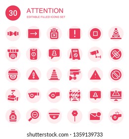 attention icon set. Collection of 30 filled attention icons included Safety belt, Emergency, Poison, Attention, Stop, Cctv, Warning, Notification, No parking, Cone, Alert, Whistle