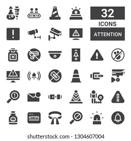 attention icon set. Collection of 32 filled attention icons included Notification, Siren, Error, Belt, Https, Poison, Warning, Restriction, Cone, Seat belt, Cctv, No weapons, Alert