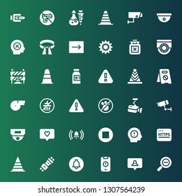 attention icon set. Collection of 36 filled attention icons included Restricted, Notification, Warning, Seat belt, Cone, Https, Stop, Cctv, No pets, No sweets, Whistle, No parking