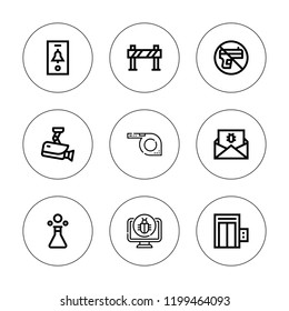 Attention icon set. collection of 9 outline attention icons with barrier, cctv, elevator, malware, notification, no weapons, poison icons. editable icons.