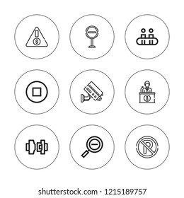 Attention icon set. collection of 9 outline attention icons with cctv, information point, no parking, restricted, risk, seatbelt, stop icons. editable icons.