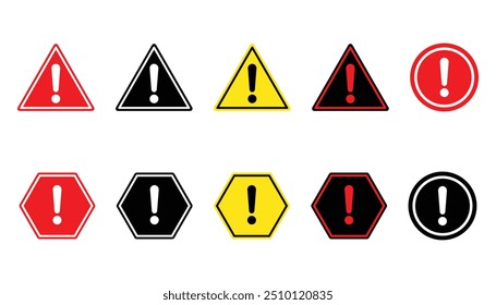Conjunto de Ícones de Atenção. Advertência de perigo ou Símbolo vetorial de aviso de risco de alerta em um estilo preto preenchido e com contorno.