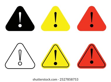 Attention Icon Set. Danger Caution or Alert Risk Warning Vector Symbol in a black filled and in colors style