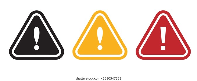 Attention Icon Set. Danger Caution or Alert Risk Warning Vector Symbol in a black filled and outlined style. Safety Notice Sign.