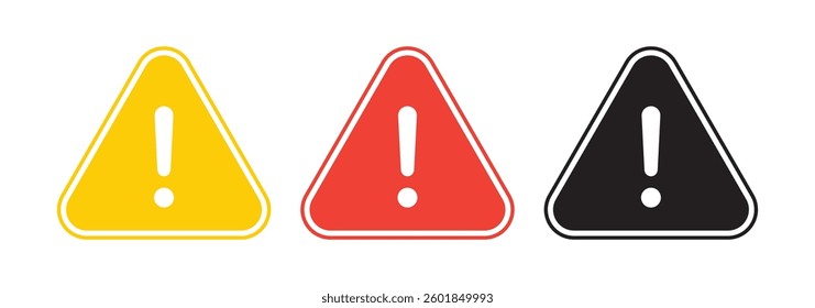 Attention Icon Set. Danger Caution or Alert Risk Warning Vector Symbol in a black filled and outlined style. Safety Notice Sign. EPS10
