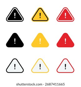 Attention Icon Set. Danger Caution or Alert Risk Warning Symbol in a black filled and outlined style. Safety Notice Sign.