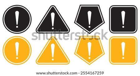 Attention Icon Set. Danger Caution or Alert Risk Warning Vector Symbol in a black filled and outlined style. Safety Notice Sign.