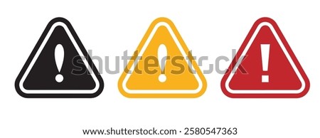 Attention Icon Set. Danger Caution or Alert Risk Warning Vector Symbol in a black filled and outlined style. Safety Notice Sign.