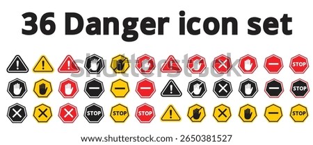Attention Icon Set. Danger Caution or Alert Risk Warning Vector Symbol in a black filled and outlined style. Safety Notice Sign