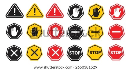 Attention Icon Set. Danger Caution or Alert Risk Warning Vector Symbol in a black filled and outlined style. Safety Notice Sign