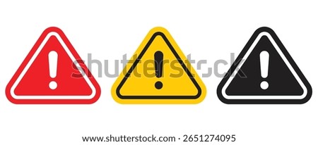 Attention Icon Set. Danger Caution or Alert Risk Warning Vector Symbol in a black filled and outlined style. Safety Notice Sign