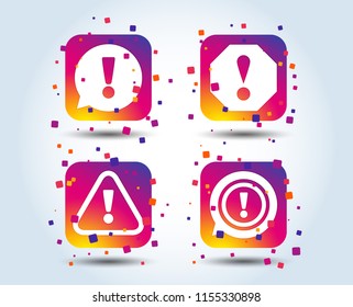 Attention icons. Exclamation speech bubble symbols. Caution signs. Colour gradient square buttons. Flat design concept. Vector