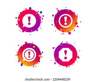 Attention icons. Exclamation speech bubble symbols. Caution signs. Gradient circle buttons with icons. Random dots design. Vector