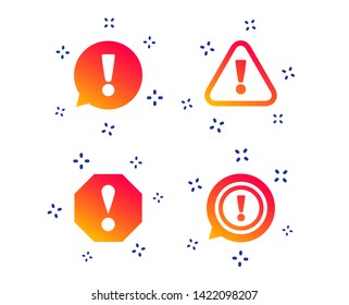Attention icons. Exclamation speech bubble symbols. Caution signs. Random dynamic shapes. Gradient attention icon. Vector