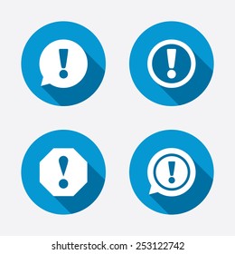 Attention icons. Exclamation speech bubble symbols. Caution signs. Circle concept web buttons. Vector