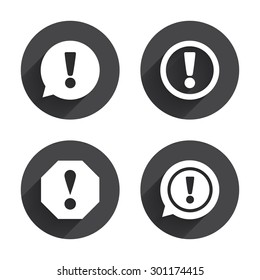 Attention icons. Exclamation speech bubble symbols. Caution signs. Circles buttons with long flat shadow. Vector