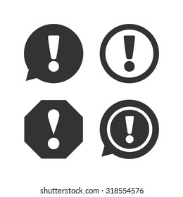 Attention icons. Exclamation speech bubble symbols. Caution signs. Flat icons on white. Vector