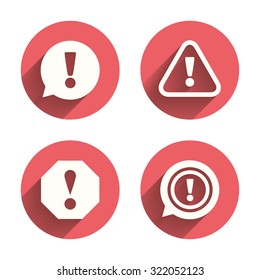 Attention icons. Exclamation speech bubble symbols. Caution signs. Pink circles flat buttons with shadow. Vector