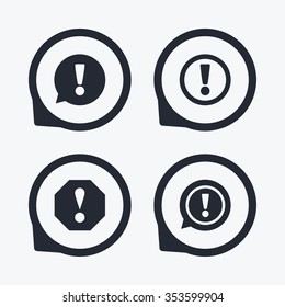 Attention icons. Exclamation speech bubble symbols. Caution signs. Flat icon pointers.
