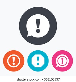 Attention icons. Exclamation speech bubble symbols. Caution signs. Circle flat buttons with icon.