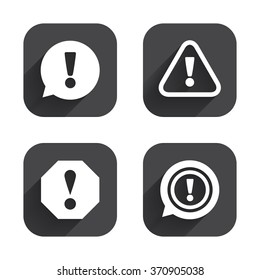Attention icons. Exclamation speech bubble symbols. Caution signs. Square flat buttons with long shadow.