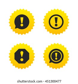 Attention icons. Exclamation speech bubble symbols. Caution signs. Yellow stars labels with flat icons. Vector