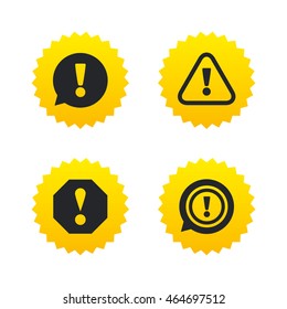Attention icons. Exclamation speech bubble symbols. Caution signs. Yellow stars labels with flat icons. Vector
