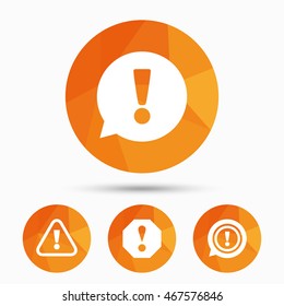 Attention icons. Exclamation speech bubble symbols. Caution signs. Triangular low poly buttons with shadow. Vector