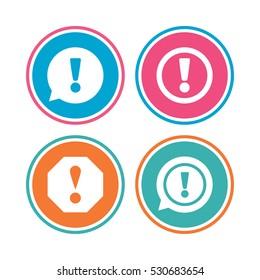 Attention icons. Exclamation speech bubble symbols. Caution signs. Colored circle buttons. Vector