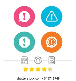 Attention icons. Exclamation speech bubble symbols. Caution signs. Calendar, cogwheel and report linear icons. Star vote ranking. Vector
