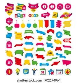 Attention icons. Exclamation speech bubble symbols. Caution signs. Shopping tags, banners and coupons signs. Calendar, Information and Download icons. Stars, Statistics and Chat. Vector