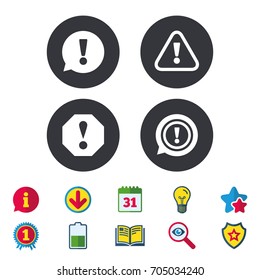 Attention icons. Exclamation speech bubble symbols. Caution signs. Calendar, Information and Download signs. Stars, Award and Book icons. Light bulb, Shield and Search. Vector