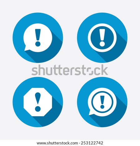 Attention icons. Exclamation speech bubble symbols. Caution signs. Circle concept web buttons. Vector