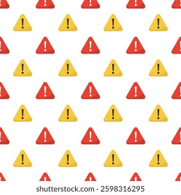 Attention icons seamless pattern. Danger caution or alert risk warning. Red and yellow triangle symbols texture pattern. Safety notice sign isolated on white background. flat vector illustration