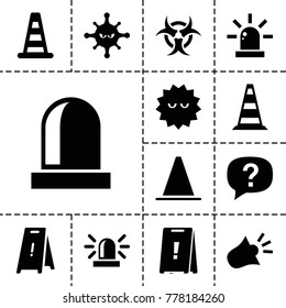 Attention icons. set of 13 editable filled attention icons such as cone barrier, siren, wet floor, bacteria, exclamation, hazzard