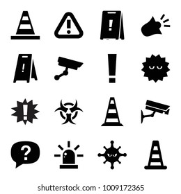 Attention icons. set of 16 editable filled attention icons such as cone barrier, wet floor, cone, bacteria, exclamation, exclamation point, siren, security camera, hazzard