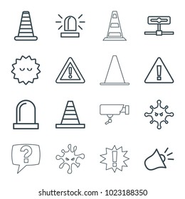 Attention icons. set of 16 editable outline attention icons such as cone barrier, siren, cone, warning, bacteria, camera, security camera