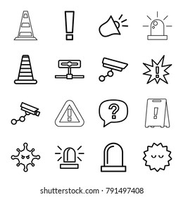 Attention icons. set of 16 editable outline attention icons such as cone barrier, siren, security camera, bacteria, exclamation, camera, exclamation point, security camera