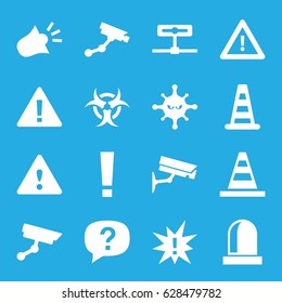 Attention icons set. set of 16 attention filled icons such as cone barrier, Security camera, cone, bacteria, warning, siren, security camera, hazzard, exclamation, camera