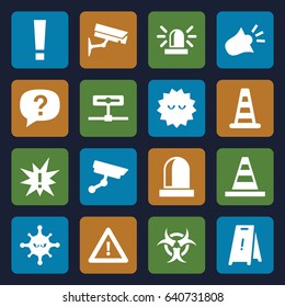 Attention icons set. set of 16 attention filled icons such as cone barrier, siren, wet floor, cone, bacteria, warning, security camera, hazzard, exclamation, camera