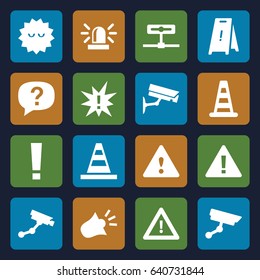 Attention icons set. set of 16 attention filled icons such as cone barrier, siren, security camera, wet floor, cone, bacteria, warning, security camera, exclamation, camera
