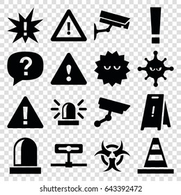 Attention icons set. set of 16 attention filled icons such as siren, wet floor, cone, bacteria, warning, security camera, hazzard, exclamation, camera
