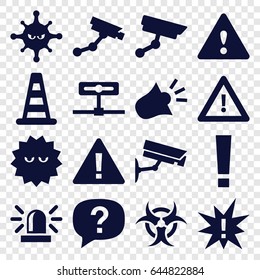 Attention icons set. set of 16 attention filled icons such as cone barrier, siren, security camera, bacteria, warning, security camera, hazzard, exclamation, camera