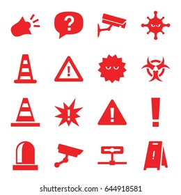 Attention icons set. set of 16 attention filled icons such as cone barrier, wet floor, cone, bacteria, warning, siren, security camera, hazzard, exclamation, camera