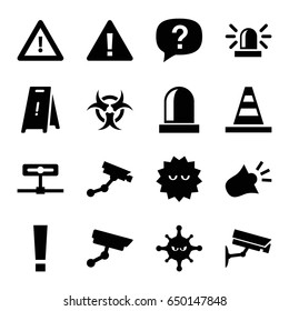 Attention icons set. set of 16 attention filled icons such as siren, security camera, wet floor, cone, bacteria, warning, security camera, hazzard, exclamation, camera